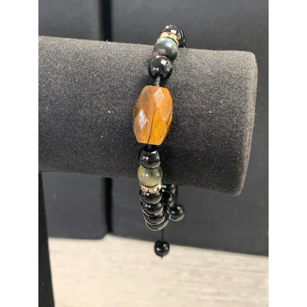 Tigers Eye and Black Onyx Beaded Adjustable Macrame Bracelet 8 Inch